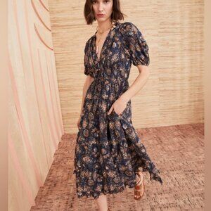 Ulla Johnson Navy Brown Floral Puff Sleeve Midi Dress